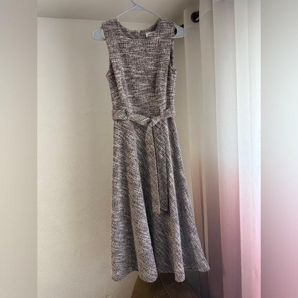 CALVIN KLEIN TWEED LOOK FIT & FLARE BELTED SLEEVELESS MIDI DRESS METALLIC Size 2 - Picture 9 of 13